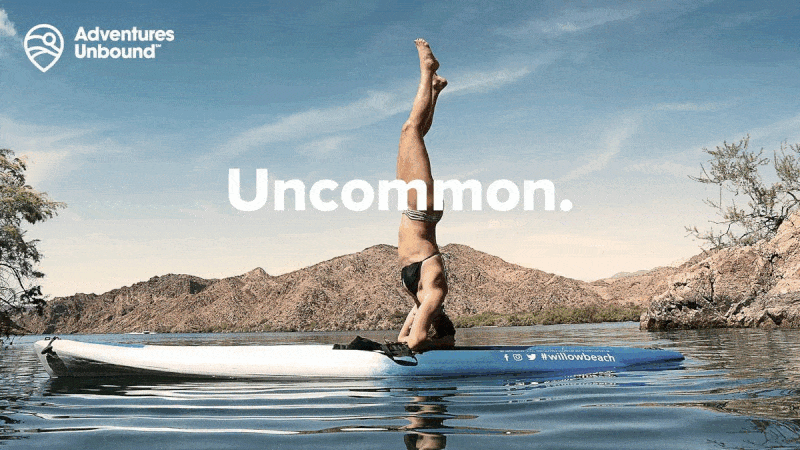 Adventures Unbound graphic: person doing a handstand on a paddleboard with “Uncommon.” text.